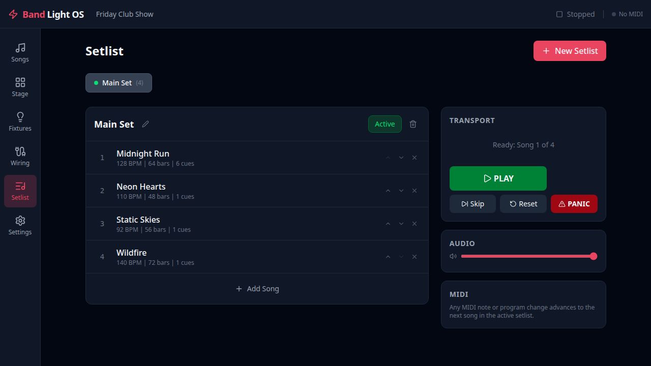 Setlist view with transport controls